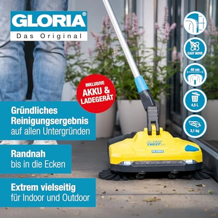 Gloria Haus und Garten EasySweep 18V Akku Kehrmaschine, 40 cm Arbeitsbreite, vielseitig für Innen- und Außenbereiche – Bild 2