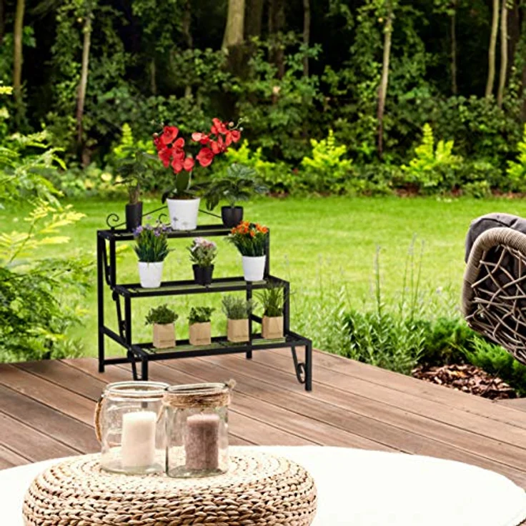 Relaxdays - Blumentreppe Metall, 3 Stufen, Outdoor und Indoor, Pflanzentreppe mit Verzierung, HBT 69 x 70 x 60 cm, schwarz – Bild 3