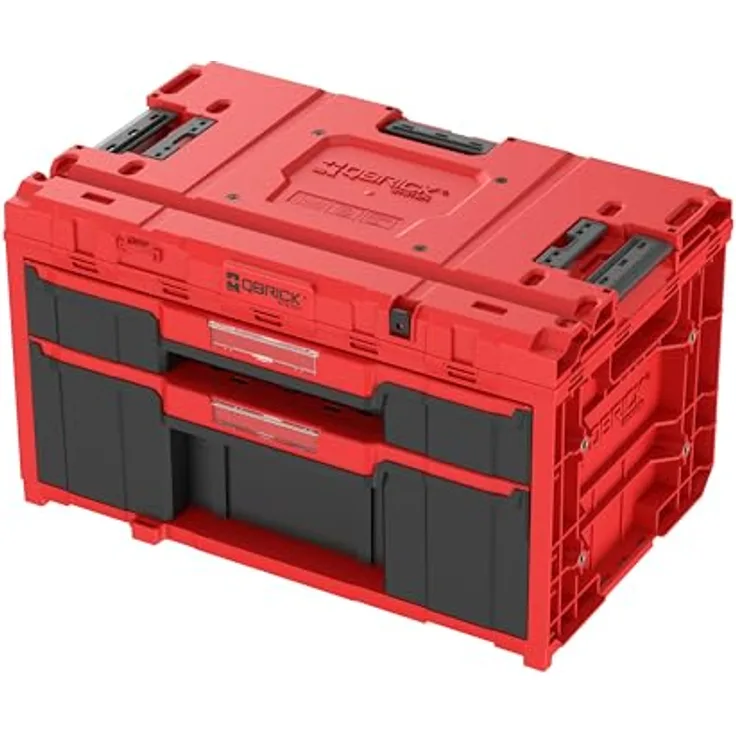 QBRICK System ONE Drawer 2 Plus Toolbox 2.0, modularer Werkzeugkoffer in Rot, 29L Gesamtvolumen, mit zwei Schubladen und Trennwänden