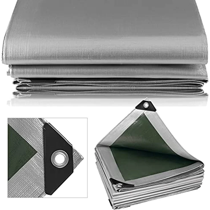 WOLTU Abdeckplane 3x4 m wasserdicht, 180g/m² PE Gewebeplane mit Ösen, Gartenplane reißfest UV-stabilisiert abwaschbar, Schutzplane für Gartenmöbel Grill Pool Zeltunterlage Trampolin, Grau-Grün – Bild 4