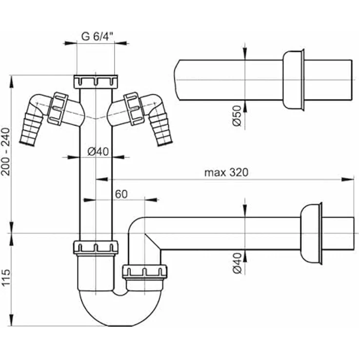 AlcaPlast Spülbecken Ablaufgarnitur 1,5'', Röhrensiphon ø40/50mm, mit 2 Geräteanschlüssen DN40, Farbe: Weiß – Bild 2