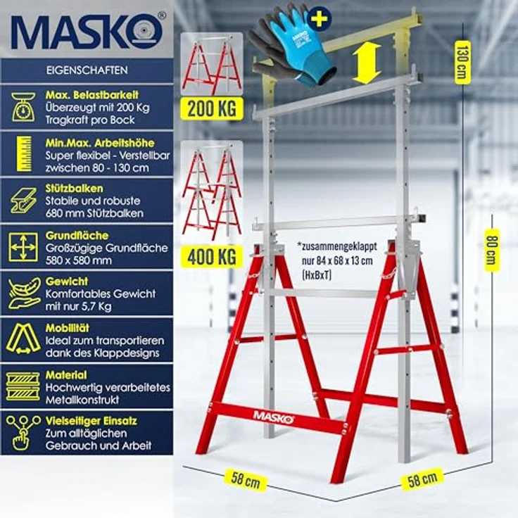MASKO® Teleskop-Arbeitsbock 4-er Set, Höhenverstellbar 800-1300 mm, max. Belastbarkeit 200 kg, inkl. rutschfester Handschuhe, Rot – Bild 2