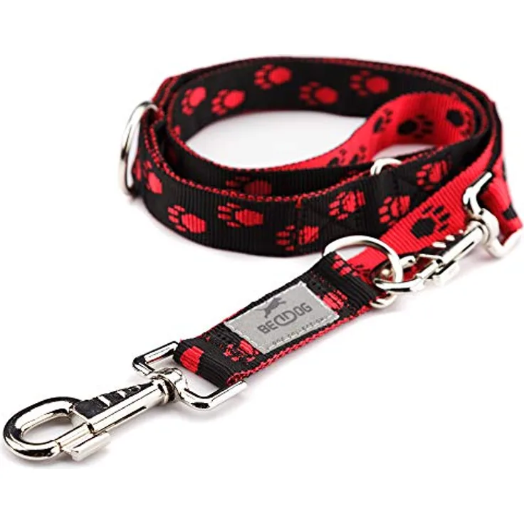 BedDog® Hundeleine Willy, verstellbar in 3 Längen, Doppel-Leine, Führ-Leine, Lauf-Leine, mittel-große und große Hunde, Gesamtlänge 2m - rot/schwarz