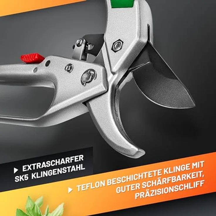 GRÜNTEK Amboss Gartenschere KONDOR 200 mm, automatisch zugeschaltete Ratsche, bis Ø24 mm, SK5 Klinge, Aluminium-Griffe mit PVC Beschichtung, inkl. Ölschwamm und Schärfer, grün – Bild 2