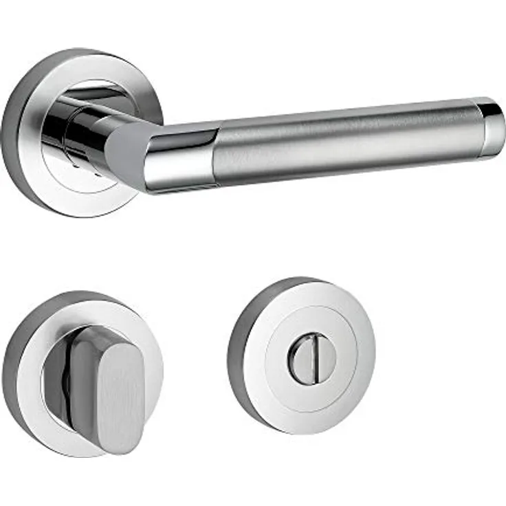 Design Drückergarnitur Core 2 | Schnellmontage Schraubrosettenoptik | Festdrehbare Lagerung | Chrom/Edelstahl matt (WC/Bad)