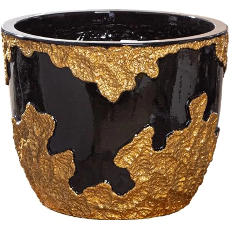 GILDE Übertopf Famosa, Gold-schwarz glänzend, wasserdichter Fiberglas-Topf, Höhe 26cm x Ø 33cm – Bild 1