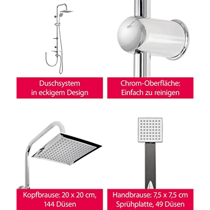 'aquaSu® Basic Duschsystem 914 | Ø 7,5 cm Handbrause mit Regenstrahl | Ø 20 x 20 cm Kopfbrause | Anti-Kalk | Wassersparend | 95 cm Duschstange | Metall-Brauseschläuche Typ 1/2 ' | Chrom | 72791 4 – Bild 2