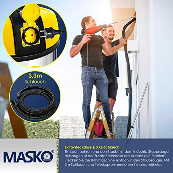 MASKO® Industriestaubsauger Staubsauger Nass Trocken Sauger Edelstahl 2300W + Steckdose | Blasfunktion | Push&Clean | Industrie-mit & ohne Beutel | beutellos Gelb – Bild 4