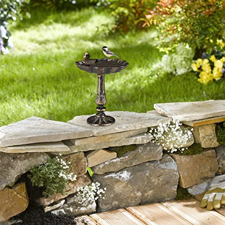 Relaxdays Vogeltränke Gusseisen, Gartendeko antikes Design, Vogelfutterstelle stehend, Wasserschale f. Wildvögel, bronze, 24.5 x 22 x 18 cm – Bild 2