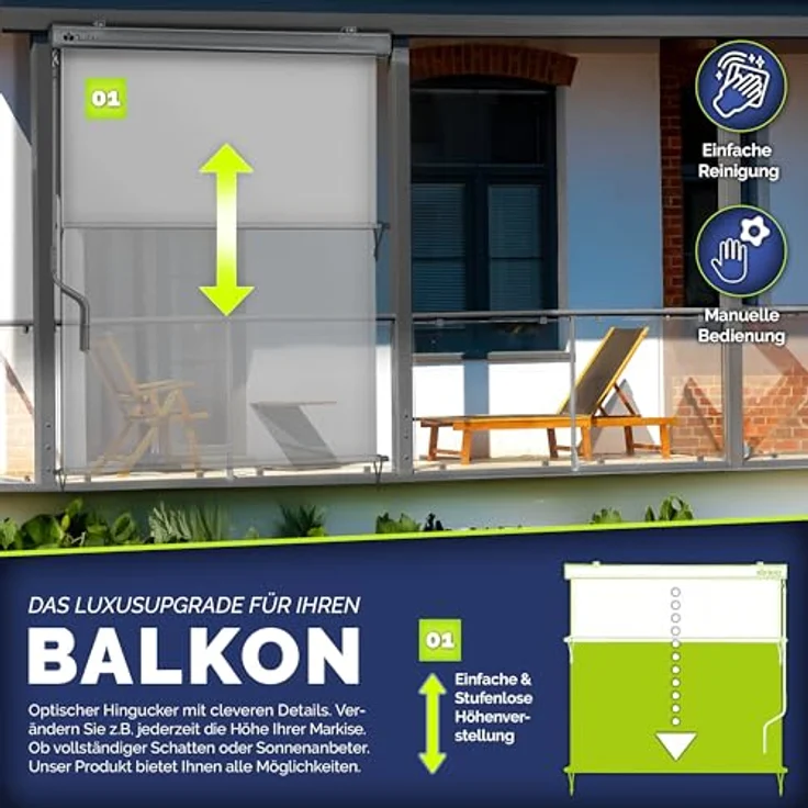 tillvex Senkrechtmarkise 160 x 250 cm für Außen- und Innenbereich | Wasserfestes Außenrollo mit Handkurbel | Sonnenschutz aus Aluminium | Rollo Sichtschutz, Silber – Bild 2