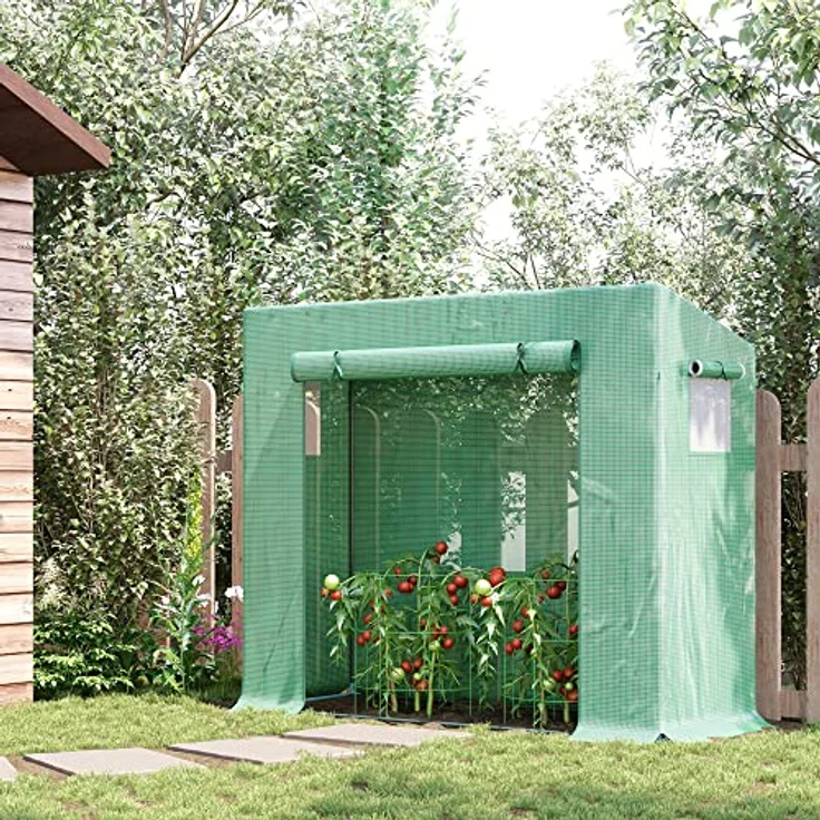 Outsunny Foliengewächshaus mit Rolltür, Seitenfenster, PE-Gitterfolie, winterfest, 200 x 76 x 168 cm, Grün – Bild 2