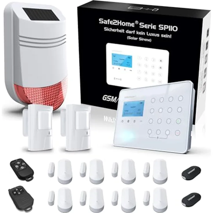 Safe2Home Alarmanlagen-Set SP110 Komplett, Funk-Alarmanlage mit Solar-Außensirene, Quad-Band GSM Modul, integrierte Kindersicherung, 32 kabellose Zonen