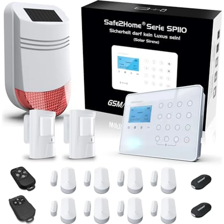 Safe2Home Alarmanlagen-Set SP110 Komplett, Funk-Alarmanlage mit Solar-Außensirene, Quad-Band GSM Modul, integrierte Kindersicherung, 32 kabellose Zonen – Bild 1