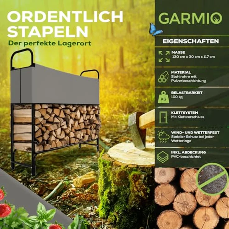 GARMIO® Kaminholzregal Metall 130x30x117cm, Brennholzregal mit pulverbeschichtetem Stahlrahmen, wetterfest für Indoor und Outdoor, einfache Montage – Bild 2