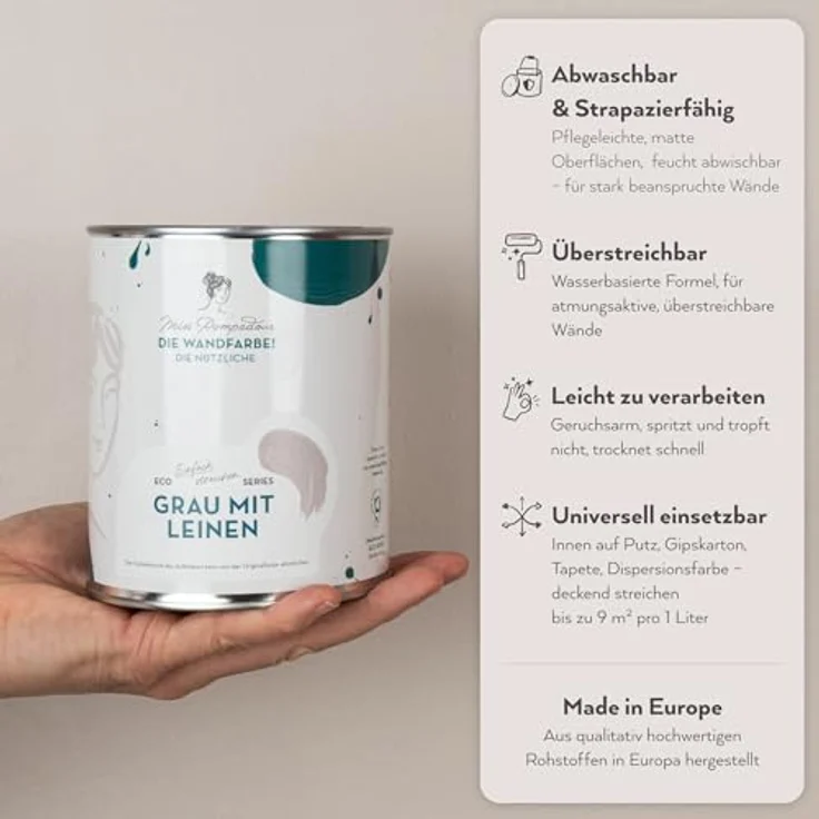 MissPompadour Wandfarbe Grün mit Salbei, abwaschbare, scheuerbeständige Wandfarbe mit hoher Deckkraft, 2,5 L, wasserbasiert – Bild 3