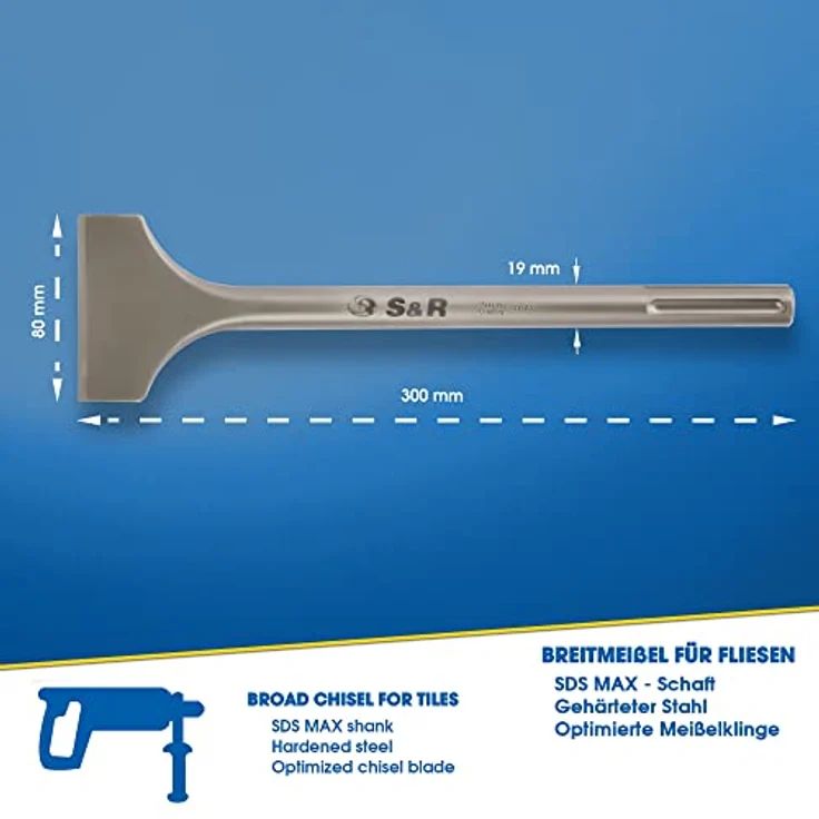 S&R Breitmeißel SDS-MAX-Schaft 300 x 80 mm, Industrie-Qualität, speziell gehärtet, effektive Schlagkraftübertragung für Bohrhämmer – Bild 2