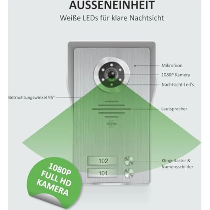ELRO DV4000-2 Video-Türsprechanlage Kit für 2 Wohnungen, 1080P Full HD Kamera mit Nachtsicht, 7-Zoll Farbmonitor, 4-Draht Kabel, 16 Klingeltöne – Bild 4