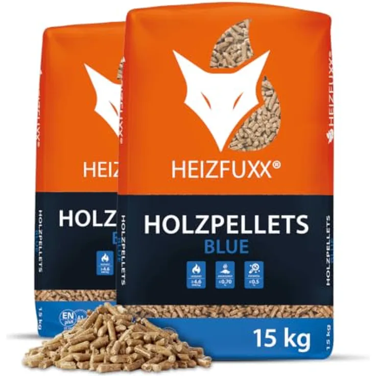 HEIZFUXX Blue ENplus A1 Holzpellets, Weichholz 2 x 15kg Sack, hoher Heizwert, ideal für Heizsysteme