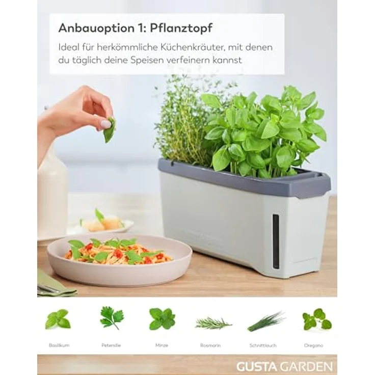 Gusta Garden HARRY HERBS Anzuchttopf mit Wasserreservoir & Wasserstandsanzeige, 4 in 1 Kräutertopf, hellgrau mit Anzuchthaube – Bild 3