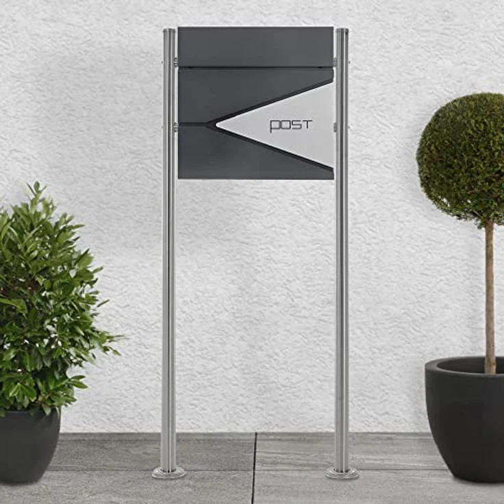 ECD Germany Standbriefkasten mit Zeitungsfach, Design Briefkasten mit Pfosten, Briefkastenanlage, Briefkastenständer Silber 120 cm Edelstahl, Postkasten Anthrazit-Silber Edelstahl pulverbeschichtet – Bild 1