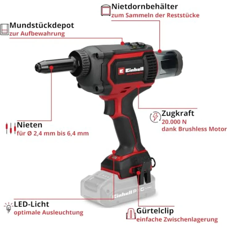 Einhell Professional TP-RG 18/30 Li BL - Solo Akku-Nietpistole mit 20.000 N Zugkraft, bürstenlosem Motor und fünf Mundstücken для Nieten bis 6,4 mm – Bild 3