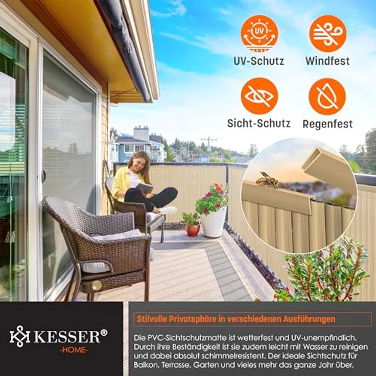 KESSER PVC Sichtschutzmatte Sichtschutzzaun Balkonverkleidung Windschutz Wetterfest verstärkten Lamellen, für Garten, Balkon Terrasse Outdoor Balkonumrandung mit Kabelbindern 120 x 500 cm, Bambus – Bild 4
