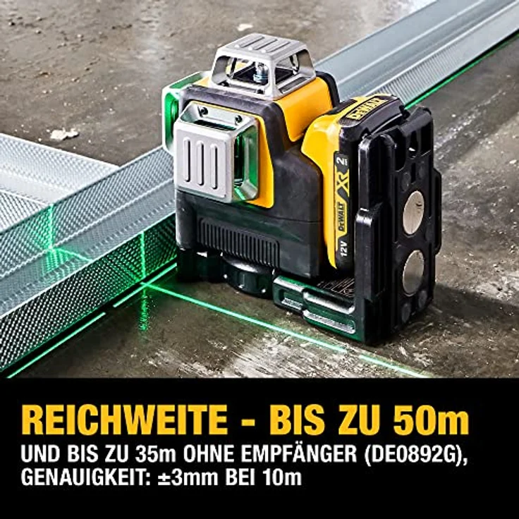 Dewalt Linienlaser (selbstnivellierender 3x360°,10,8V, 2Ah, manueller Modus ab 4° (Blinkmodus), Arbeitsbereich: 30M (60M mit Empfänger), Genauigkeit: +--3mm10m, IP65) grün – Bild 4