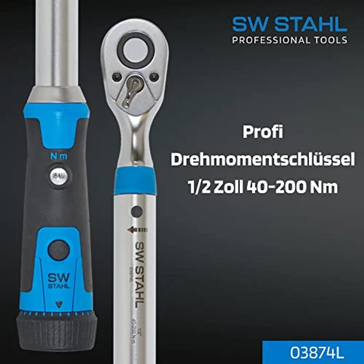 SW-Stahl 03874L Profi Drehmomentschlüssel 1/2 Zoll 40-200 Nm mit umschaltbarem Ratschenkopf I 48 Zähne I Auslösegenauigkeit ±4% I Rechtsanzug I Werkzeug für Reifenwechsel Radwechsel I Ratsche – Bild 2