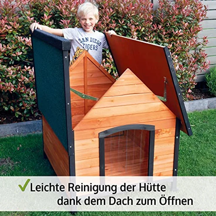zooprinz Premium Hundehütte Luna - aus wetterfestem Vollholz, Dach zum Öffnen und Lamellentür - ideal für draußen - mit natürlicher Farbe gestrichen - Hundehaus Hundehütte XL, braun-schwarz – Bild 2