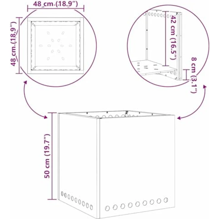 vidaXL Rauchfreier Feuerkorb, quadratisch, 48 x 48 x 50 cm, Stahl, tragbare Heizlösung für Garten und Terrasse, matte Oberfläche, effiziente Wärme – Bild 4