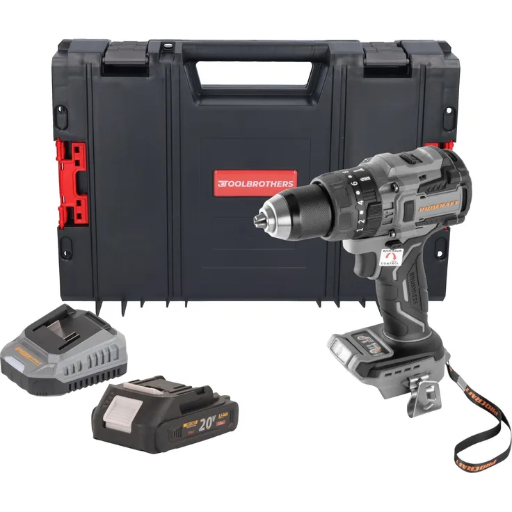Procraft Industrial CD20B-BB Akku Bohrschrauber, 20 V, 150 Nm, Brushless mit 2,0 Ah Akku, Ladegerät und RHINO Toolcase