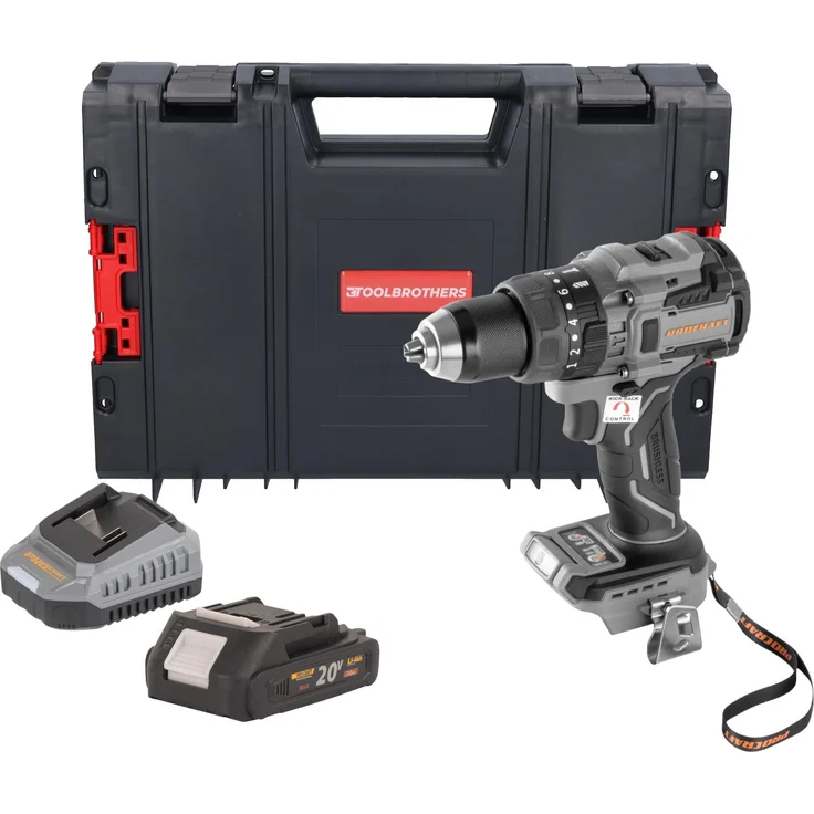 Procraft Industrial CD20B-BB Akku Bohrschrauber, 20 V, 150 Nm, Brushless mit 2,0 Ah Akku, Ladegerät und RHINO Toolcase