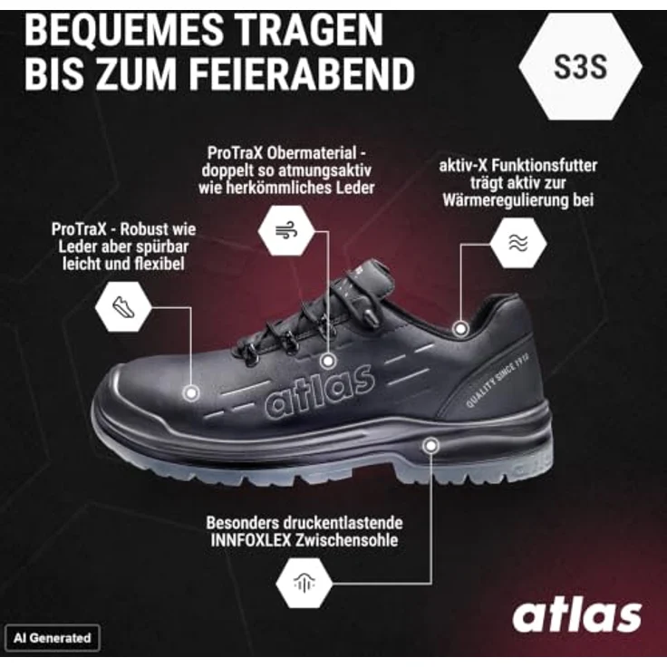 Atlas Sicherheitshalbschuh MAX 100 PRO S3 ESD W10, metallfrei, schwarz, Gr. 39, leicht und robust – Bild 3