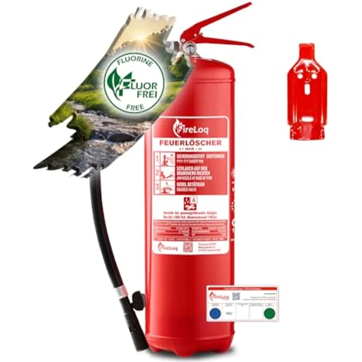 FireLoq 6L Wasser Feuerlöscher, Brandklasse A mit 8A Löschkraft, inklusive Prüfnachweis, Wandhalter und Manometer – Bild 1