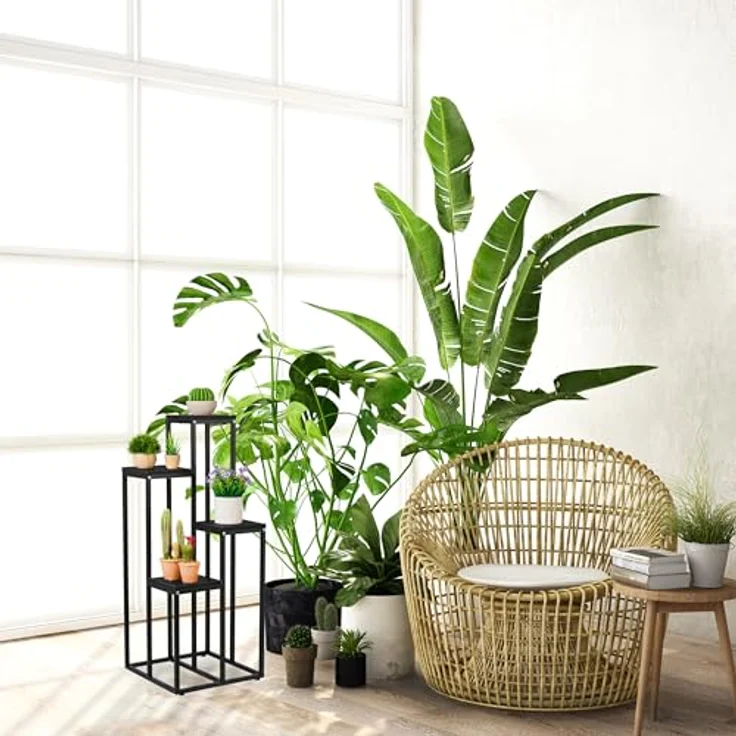 relaxdays Blumenständer Schwarze Blumentreppe mit 4 Ablagen, Schwarz - Dekorative Pflanzentreppe aus Stahl und Holzoptik, max. 40 kg Traglast – Bild 4