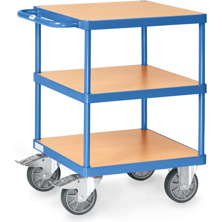 FETRA Tischwagen 2416, Transportwagen mit pulverbeschichtetem Stahlrohr, 2 Plattformen aus Holzwerkstoff, Tragkraft 200 kg, blau RAL 5007