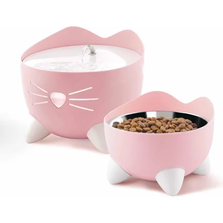 Catit Combo Kit Pixi Pink, Futternapf und Pixi-Brunnen, ergonomisches Design mit zusätzlicher Edelstahlschale, pink