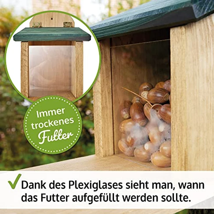 Zooprinz Eichhörnchenkobel Futterstation aus Premium Vollholz mit Plexiglas, Klappdach, große Sitzplattform, wetterfest, 26.5 cm hoch – Bild 7