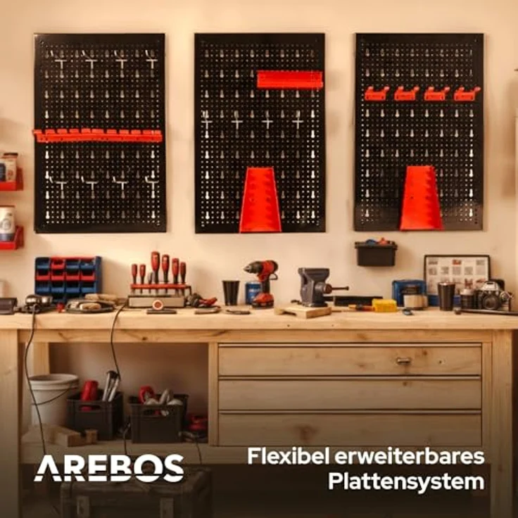 Arebos Werkzeugwand 3-teilige Lochwand Werkstatt, 17-teiliges Hakenset & Halterungen, stabile Metallkonstruktion 117,6 x 59,5 x 2 cm, rot – Bild 5