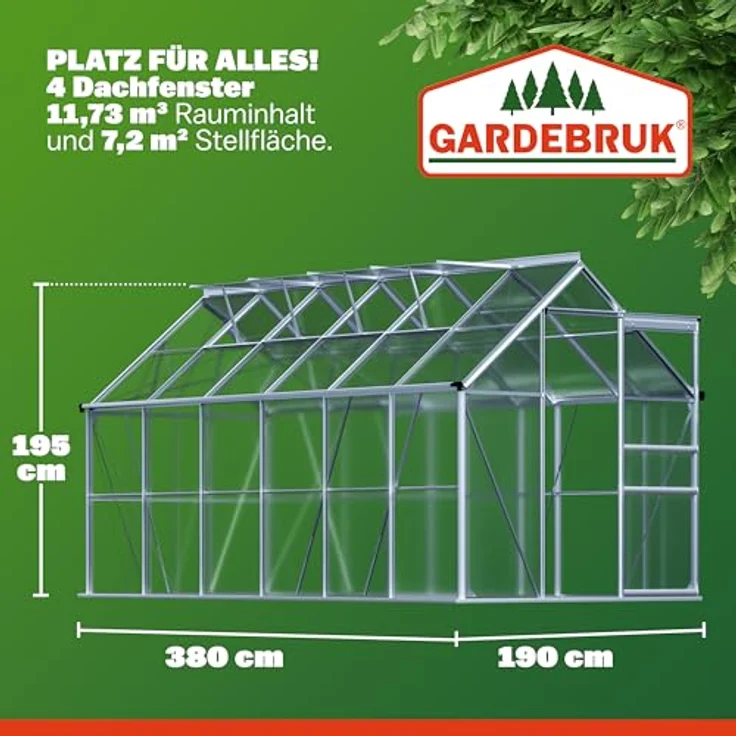 Gardebruk® Gewächshaus Aluminium 7,2m² 380x190cm, inklusive 4 Dachfenster, isolierende Hohlkammerstegplatten, optimaler Luftzirkulation, ideal für Pflanzenanzucht – Bild 3