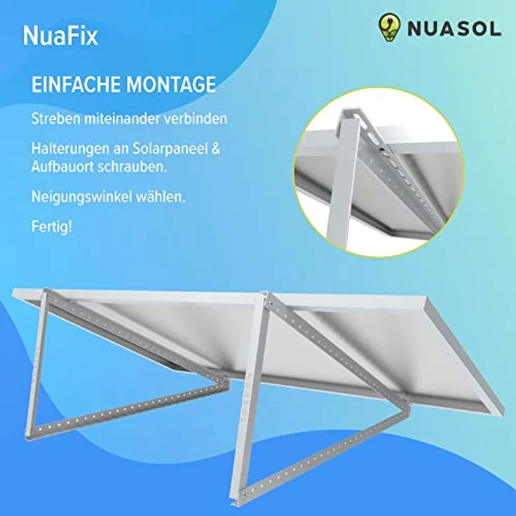 NuaSol Halterung für Solarpanel Aufständerung bis 118 cm Flachdach PV Solarmodul Verstellbar 0-90° Aluminium Set Montagematerial, Silber – Bild 3