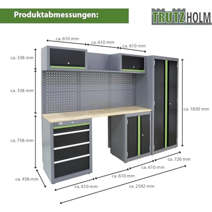 TRUTZHOLM Werkstattwand Werkstattschranksystem Werkstatteinrichtung 13-TLG. | flexibel zusammenstellbar, abschließbar, Hochschrank, Hängeschränke, Unterschränke mit Gasdruckfedern (Schwarz/Grau/Grün) – Bild 2