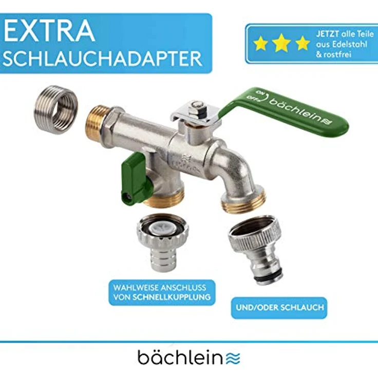 Bächlein Universal Doppel Auslaufhahn für den Garten [grün] inkl. 2 Schlauchanschlüssen - edler Doppelwasserhahn mit 1/2 und 3/4 Zoll Anschluss, Doppel Kugel-Auslaufventil – Bild 3