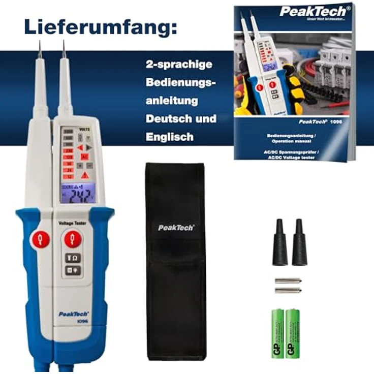 Peaktech P 1096, Multimeter Zweipoliger AC/DC-Spannungsprüfer mit digitaler LCD-Anzeige, CAT IV 600V, CAT III 1000V, integrierte LED-Taschenlampe und Durchgangsprüfung – Bild 6