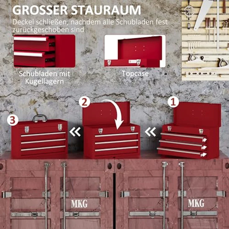 Durhand Werkzeugbox mit 3 Schubladen, oberes Staufach, Handgriff (Werkzeugkasten, 1 St., Werkzeugkiste), mit 2 Schloss, aus Stahl, Rot - Preisvergleich – Bild 4