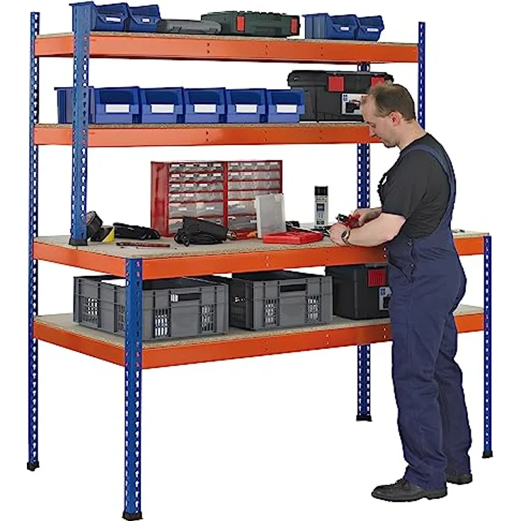 SCHULTE Lagertechnik Z1-Packtisch mit Lagerebene und Regalaufsatz, 1981 x 1536 x 773/316 mm, blau/orange, schnelle Montage und flexibler Umbau
