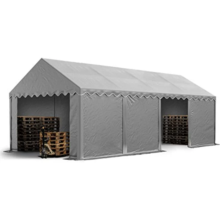 TOOLPORT Lagerzelt, 4x8 m Industriezelt mit PVC Plane 750 N, grau, inkl. Bodenrahmen und Dachverstärkung – Bild 1