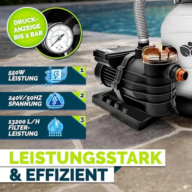 tillvex Sandfilteranlage 13.200L/h mit 1200g Filterbällen, Pumpenfilter mit 7-Wege Ventil & 2in1 Adapter Ø32-38mm für Pools bis 40.000L – Bild 4