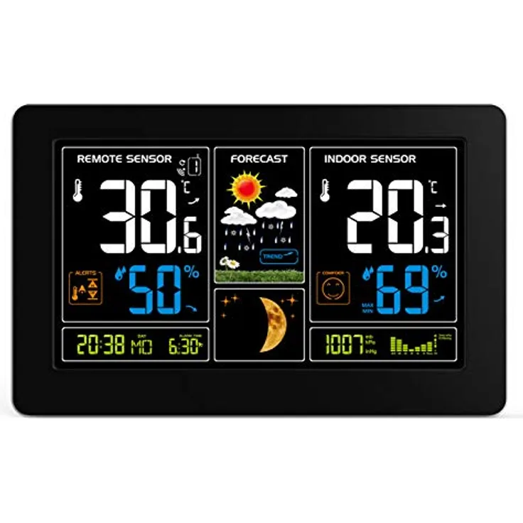 Olight Solight Wetterstation, extra große Farb-LCD, Temperatur-, Luftfeuchtigkeits- und Druckmessung, USB-Ladevorgang, Schwarz