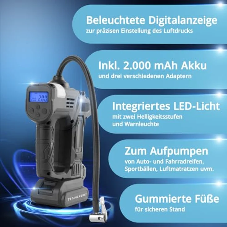 STAHLWERK Akku Druckluftkompressor ADK-20 ST, 72 Watt Leistung, mobile Luftpumpe mit digitaler Druckanzeige und LED-Beleuchtung – Bild 2